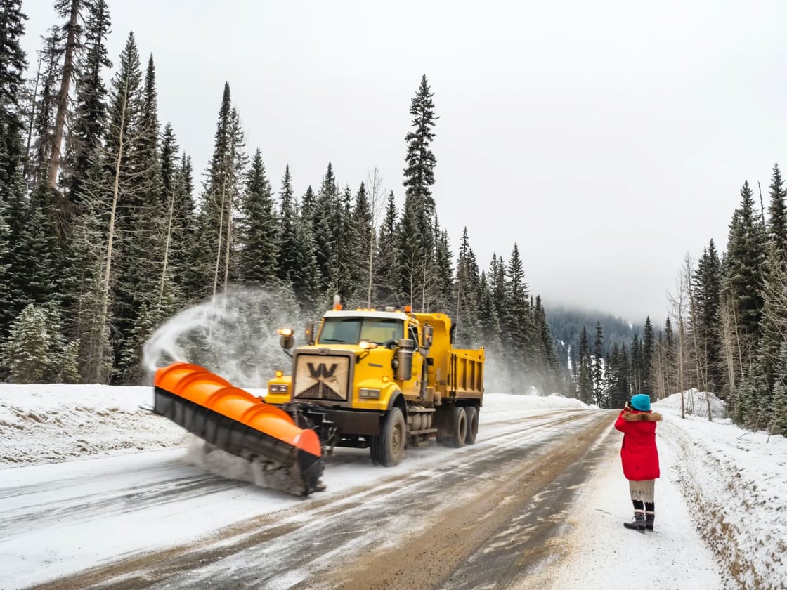 Yellow snow plow clearing a forest road with a woman in a red coat and blue hat standing on the side of the road